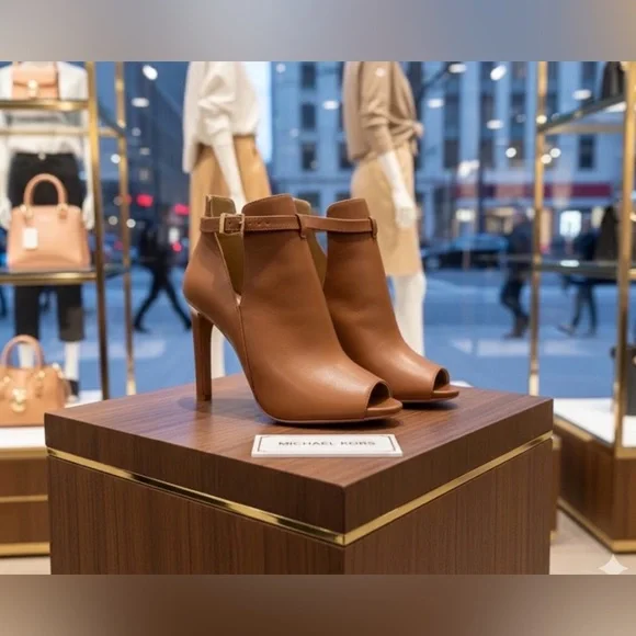 Michael Kors Lawson booties 9 ankle peep toe stiletto boots brown leather - Picture 2 of 16